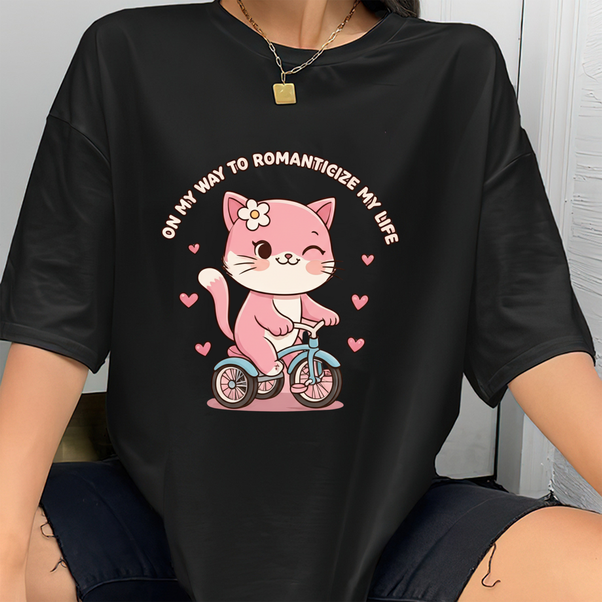 Romantic Cat on Tricycle T-Shirt